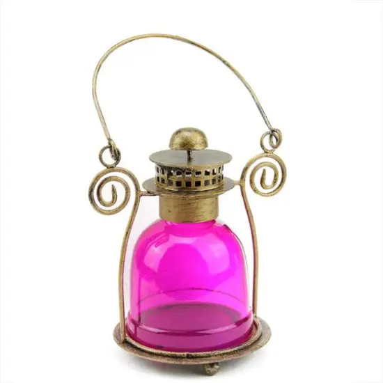 7.5" Decorative Pink Glass Bell Tea Light Candle Lantern {1}