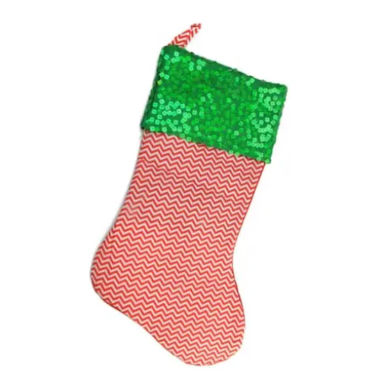19" Chevron & Sequin Cuff Christmas Stocking, Red {1}