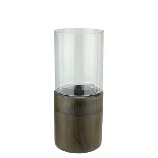 15.25" Glass Hurricane and Wood Pillar Candle Holder {1}