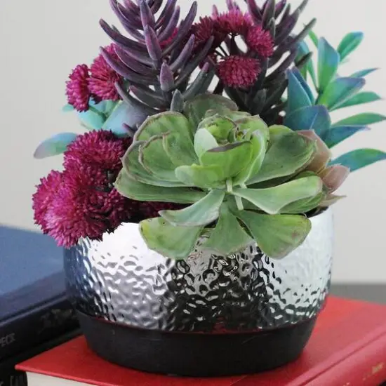 8" Artificial Succulent Arrangement In Silver Ceramic Pot {4}