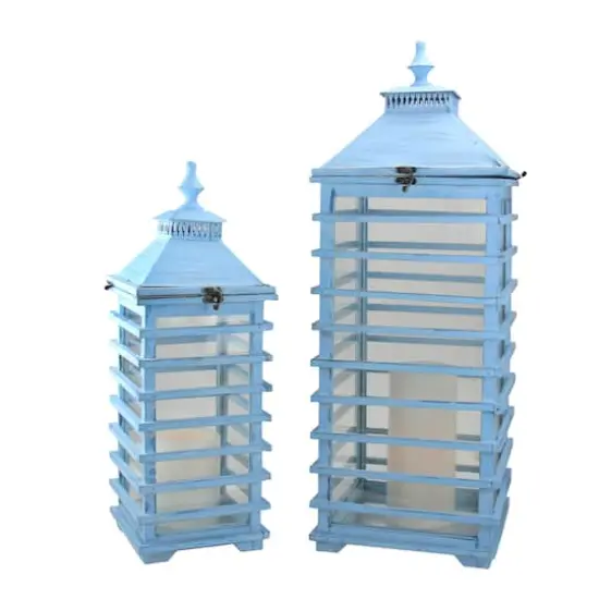 L'Eau de Fleur Distressed Blue Fir Wood Candle Lantern Set, 21" & 28" {3}