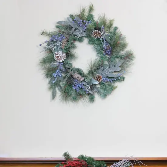 24" Mixed Pine Blueberries & Snowy Pine Cones Artificial Wreath, Unlit {4}