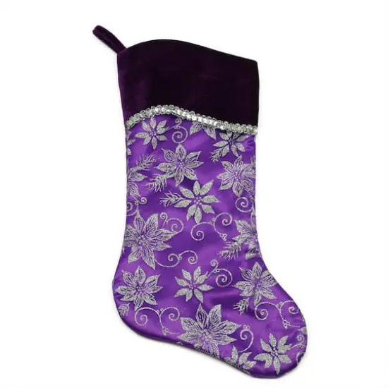 20" Purple & Silver Glittered Floral Stocking {1}