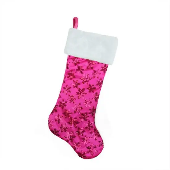 20.5" Sequin Snowflake Stocking with White Faux Fur Cuff, Pink {1}