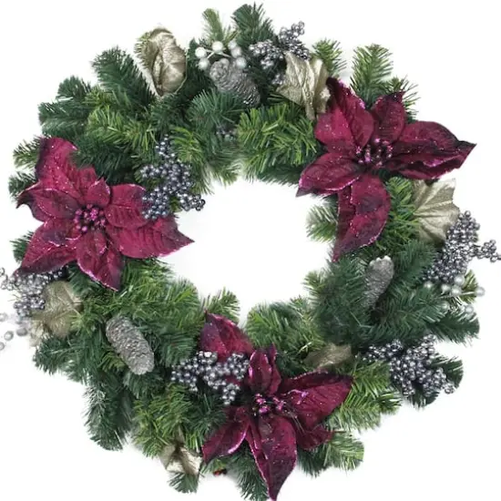 24" Two-Tone Pine with Purple Poinsettias & Berries Wreath {1}
