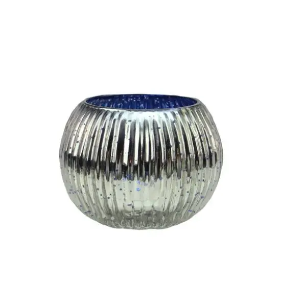 3.25" Blue & Silver Ribbed Round Mercury Glass Votive Candle Holders, Set Of 4 {1}