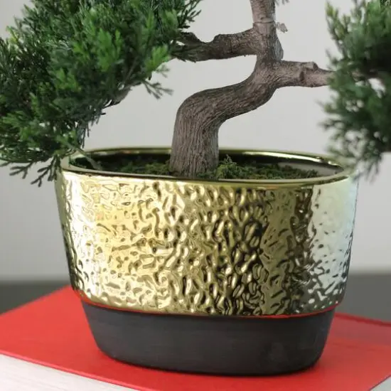 10" Green Artificial Bonsai Tree in Gold Plated Ceramic Pot {4}