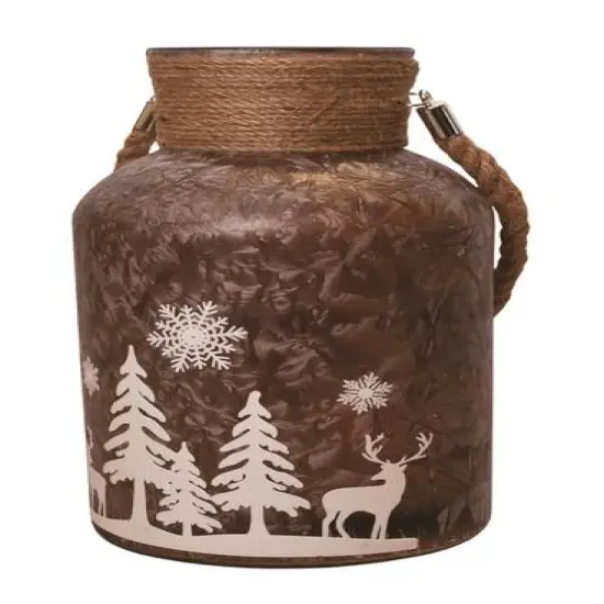 12" Brown Winter Scene Christmas Pillar Candle Lantern {1}