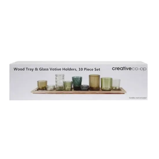 Hello Honey&reg; Glass Votive Candle Holders & Wood Tray Set Green {3}