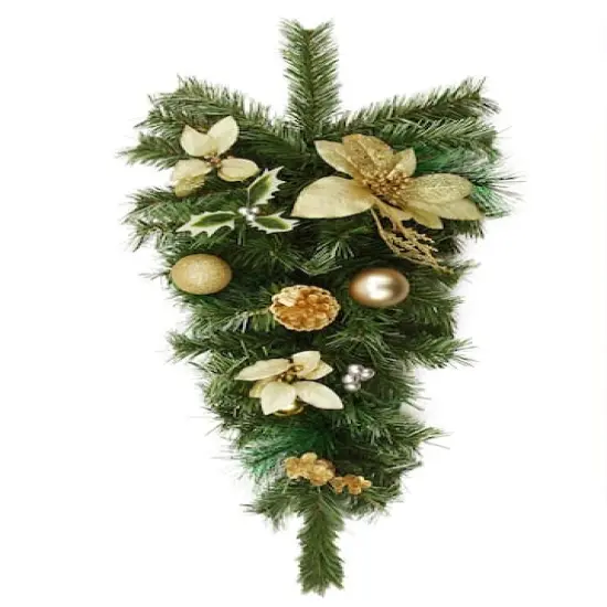 32" Unlit Gold Poinsettia, Pine Cone & Ball Teardrop Swag {3}