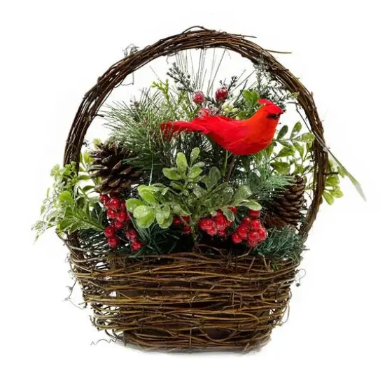 12" Red Cardinal with Foliage in Twig Basket Decoration {4}