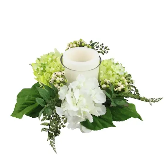 16" Cream White & Green Artificial Hydrangea & Berry Hurricane Glass Candle Holder {3}