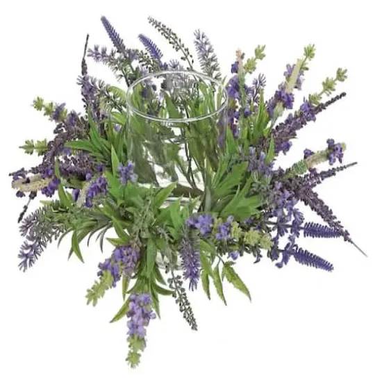 15" Purple Artificial Lavender Hurricane Glass Candle Holder {1}