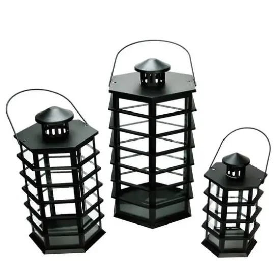 Black Modern Design Glass Pillar Candle Lanterns Set {1}