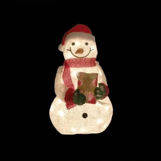 23" Lighted White Plush Glittered Snowman with Tinsel Gift Yard Art {3}