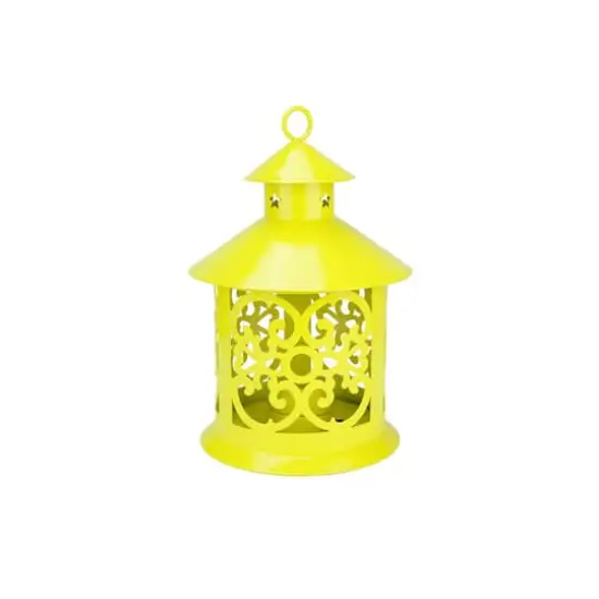 8" Shiny Candle Holder Lantern with Star & Scroll Cutouts Yellow {1}