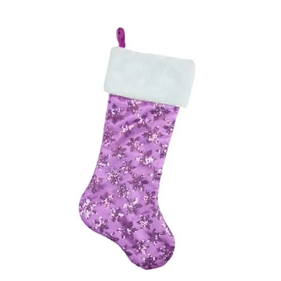 20.5" Sequin Snowflake Stocking with White Faux Fur Cuff, Purple {1}