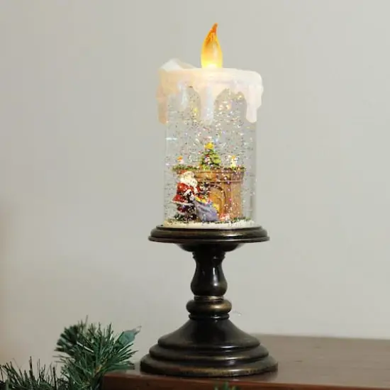 10.25" LED Flameless Glitter Snow Dome Santa Candle {4}