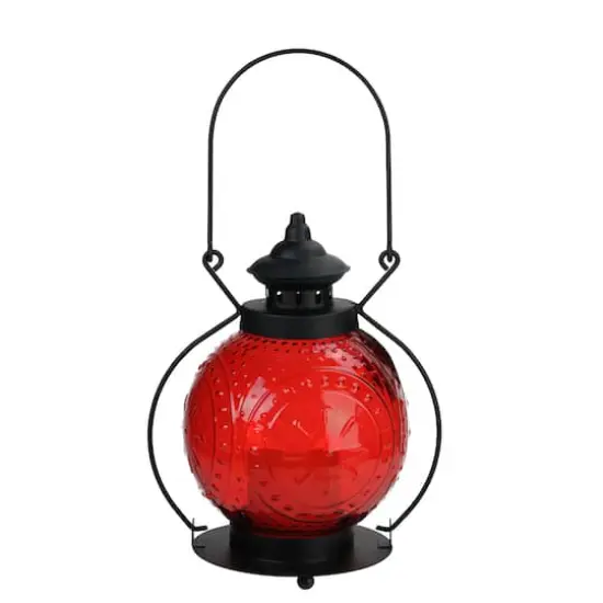 Red Molded Glass Lantern with LED Pillar Timer Candle {1}