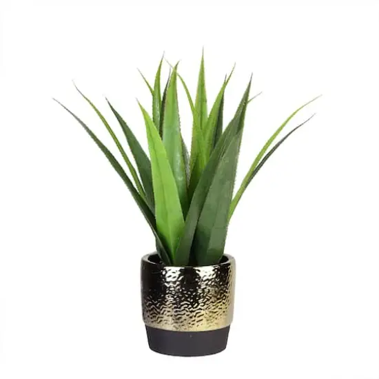 17" Green Artificial Agave in Hammered Gold Look Ceramic Pot {1}