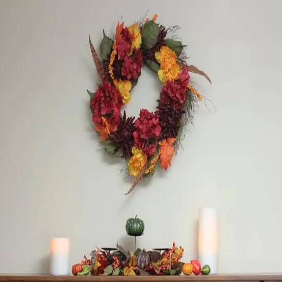 24" Autumn Harvest Peony, Mum & Feather Thanksgiving Wreath, Unlit {4}
