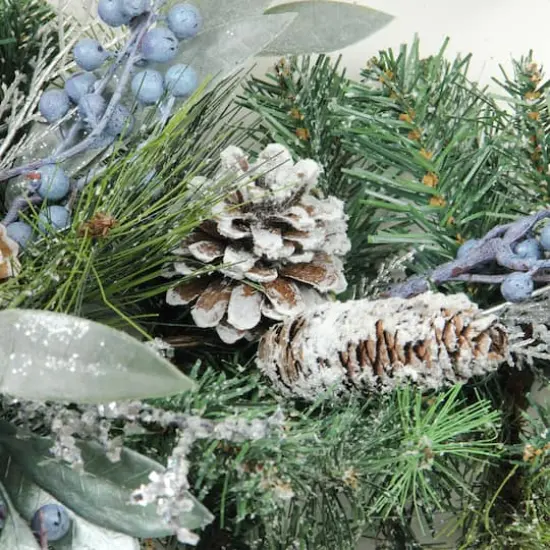 28" Unlit Mixed Pine, Blueberries & Snowy Pine Cones Teardrop Swag {3}