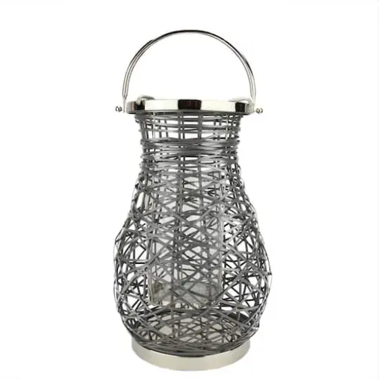 Decorative Woven Iron Pillar Candle Lantern Gray {1}