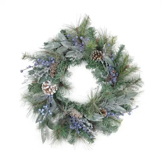 24" Mixed Pine Blueberries & Snowy Pine Cones Artificial Wreath, Unlit {1}