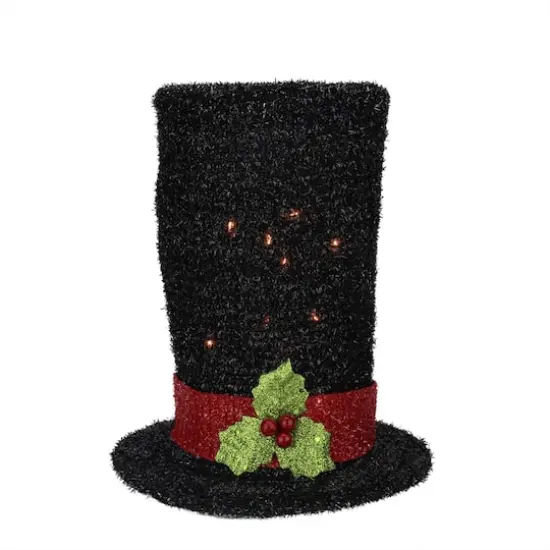 9" Lighted Black Tinsel Snowman Top Hat Christmas Tree Topper, Clear Lights {1}