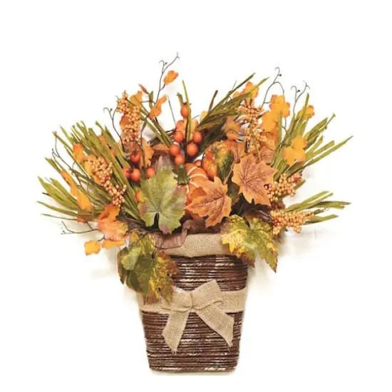18" Autumn Harvest Artificial Pumpkins, Berries, Leaves and Grass Wall Mounted Basket Decoration {1}