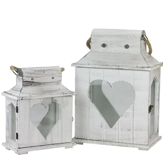 White Washed Wooden Candle Holder Lantern Set, 13" & 17.75" {1}