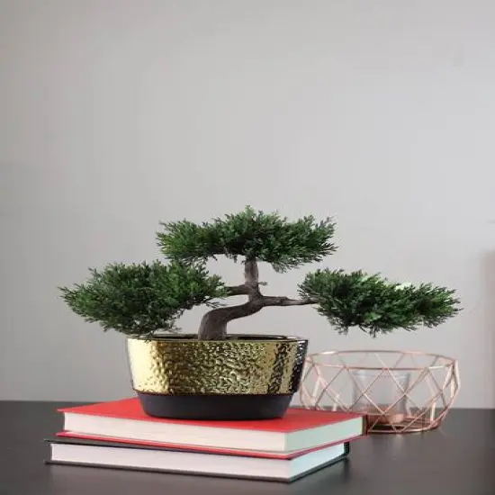 10" Green Artificial Bonsai Tree in Gold Plated Ceramic Pot {5}