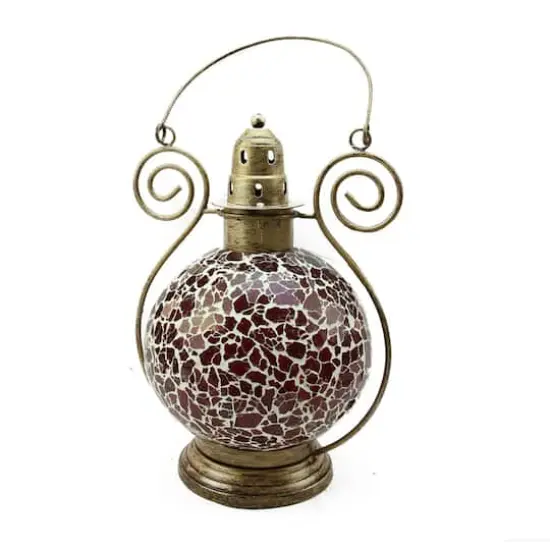 Red and White Mosaic Glass Tea Light Candle Holder Doom Lantern {1}