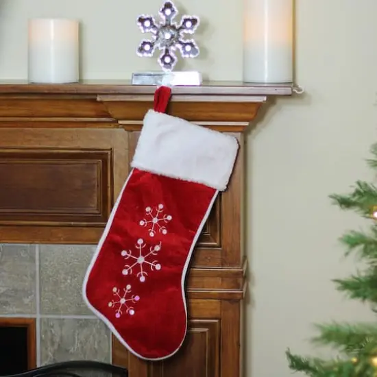 19" Red Velvet Embroidered & Sequined Snowflake Christmas Stocking {3}