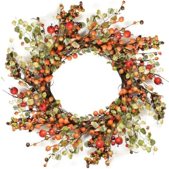 22" Autumn Harvest Decorative Artificial Orange and Green Berries with Leaves Wreath {1}