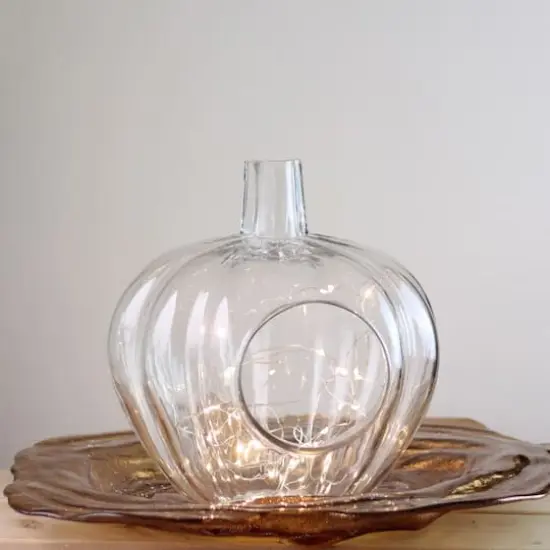 10.5" Transparent Glass Pumpkin Shaped Decorative Pillar Candle Holder {5}