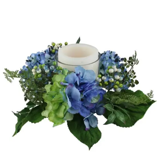16" Blue & Green Artificial Hydrangea & Berry Hurricane Glass Candle Holder {3}