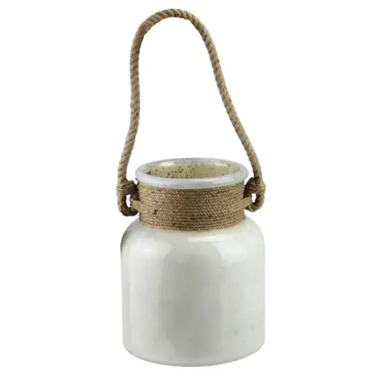 9.5" Seaside Treasures Antique White Glass Hurricane With Rope Handle {1}