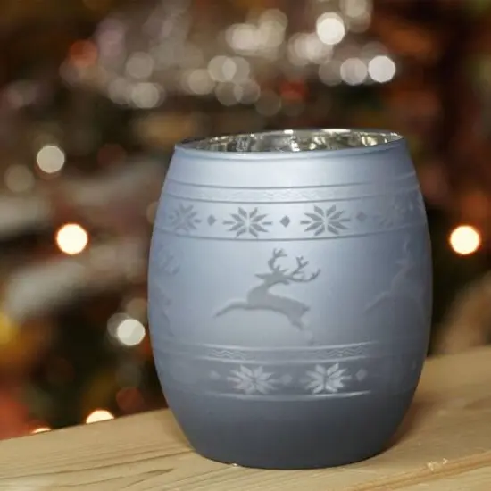 3.5" Winter Reindeer & Nordic Frosted Glass Votive Candle Holder, Light Blue {4}