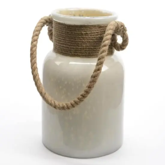 9.5" Seaside Treasures Antique White Glass Hurricane With Rope Handle {3}