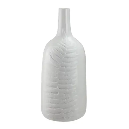 14.25" Botanic Beauty Porcelain Flower Vase with Fern Leaf, White {1}