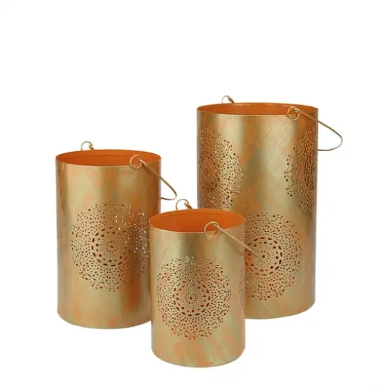 Decorative Floral Cut-Out Pillar Candle Lantern Set Orange {1}