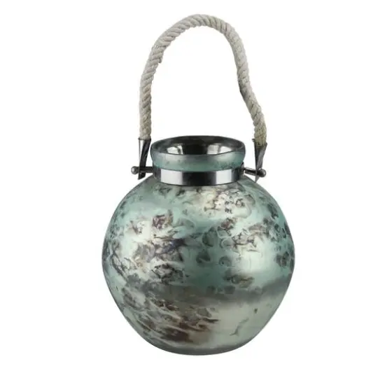 14.5" Seaside Treasures Green & Black Marbled Glass Hurricane With Rope Handle {1}