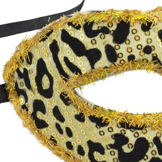 7" Gold and Black Big Cat Animal Print Halloween Mask with Sequins and Glitter {4}