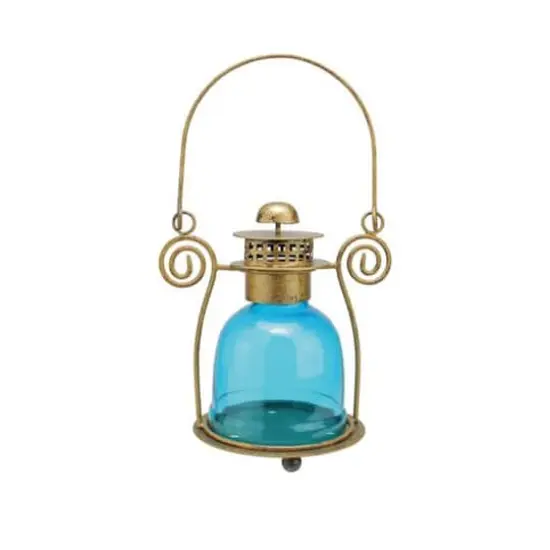 7.5" Decorative Blue Glass Bell Tea Light Candle Lantern {1}