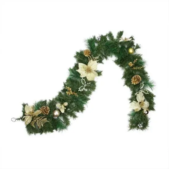 Pre-Decorated Gold Poinsettia Pine Cone & Ball Artificial Garland, Unlit {3}