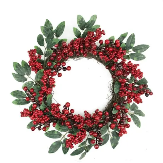 18" Red Berries & Two-Tone Green Leaves Artificial Wreath, Unlit {1}