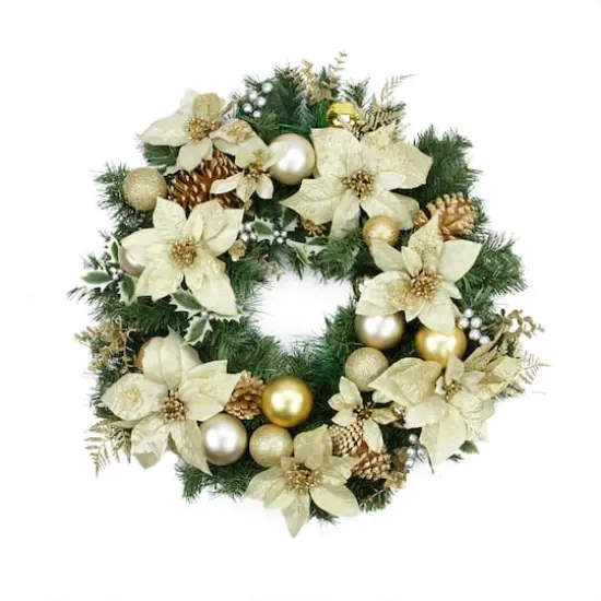 24" Pre-Decorated Gold Poinsettia & Ball Artificial Wreath {3}