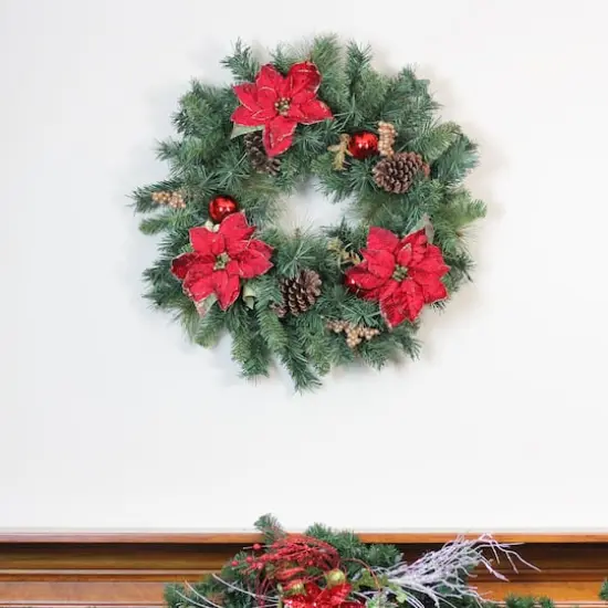 24" Poinsettias & Pinecones Artificial Wreath {3}