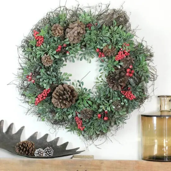 24" Glittered Artificial Boxwood Pine Cones & Red Berry Wreath, Unlit {4}